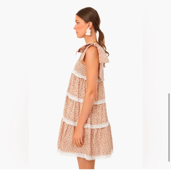 Hyacinth House Tuckernuck NEW Pink Floral Bow Tellie Tiered Lace Mini Dress  S - Picture 6 of 15